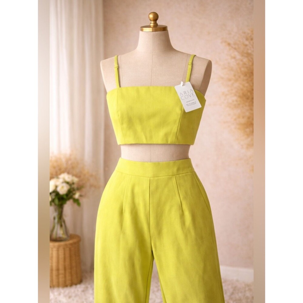 Chartreuse Lime Two Piece Crop Top Wide Leg Pants Matching Set